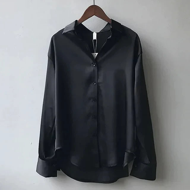 Celine | Women's Button Front Long Sleeve Satin Blouse