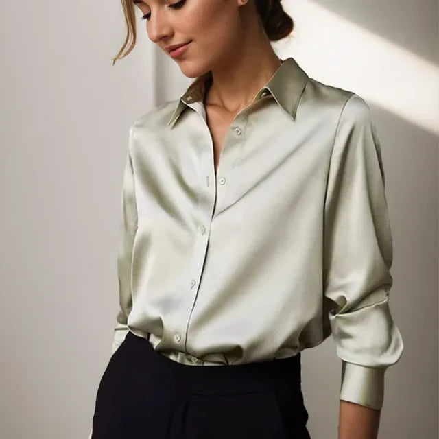 Celine | Women's Button Front Long Sleeve Satin Blouse
