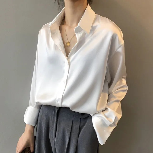 Celine | Women's Button Front Long Sleeve Satin Blouse
