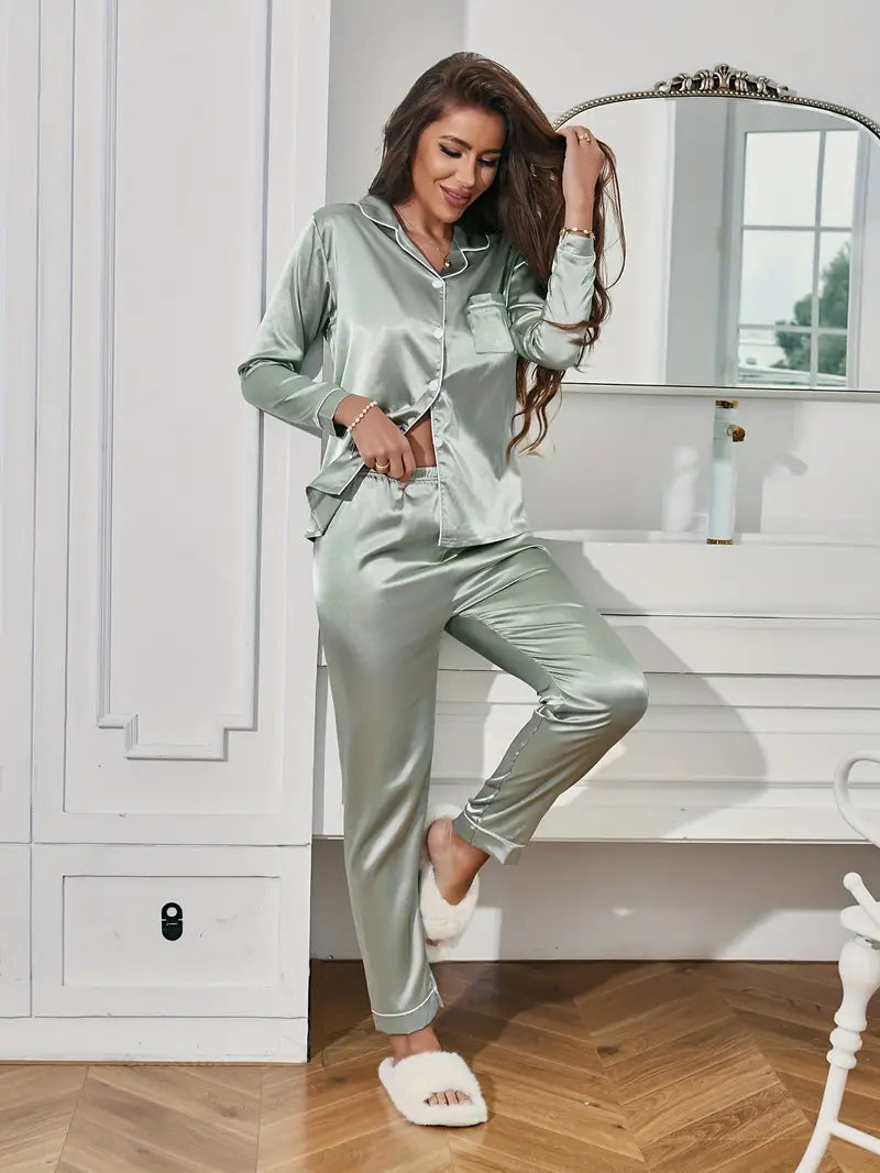 Sophie | Women's Satin Button Front Long Sleeve Pajama Set