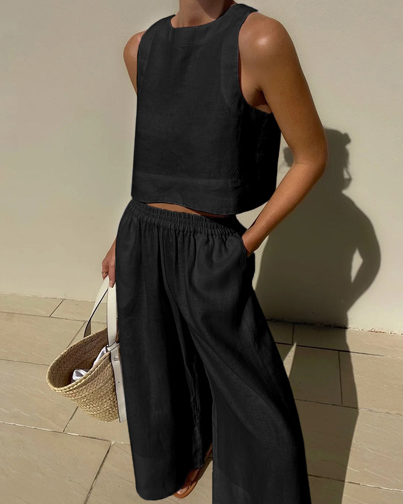Sienna | Women's Linen Crop Top & Wide-Leg Pant Set