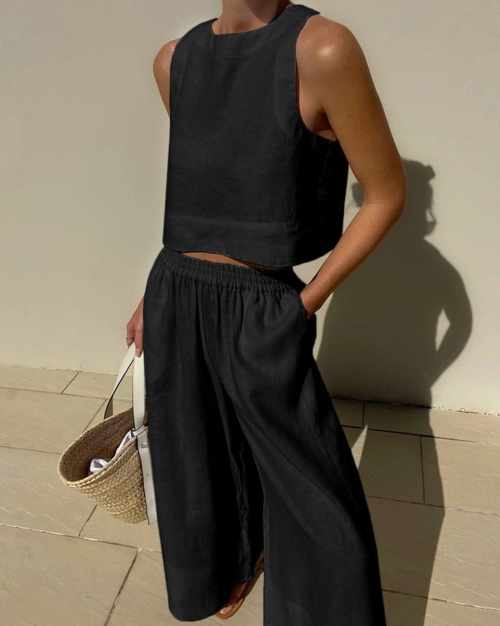 Sienna | Women's Linen Crop Top & Wide-Leg Pant Set