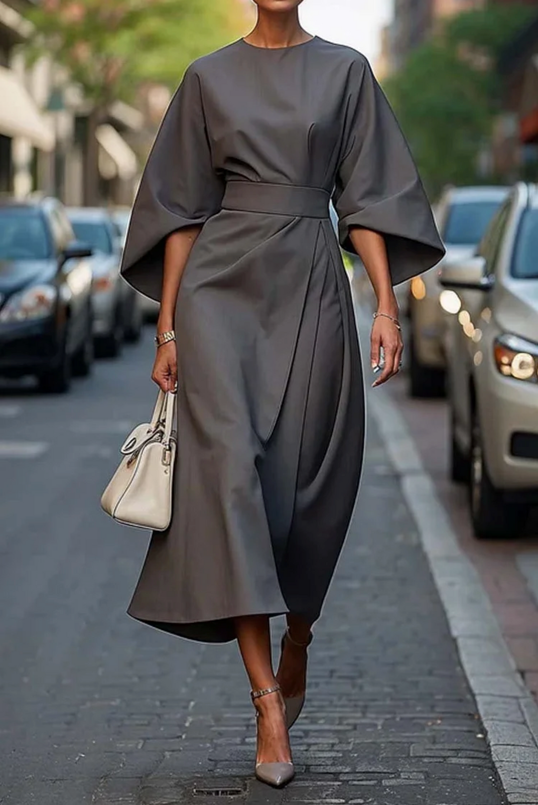 Amara | Women's Elegant Belted Kimono Sleeve Midi Dress