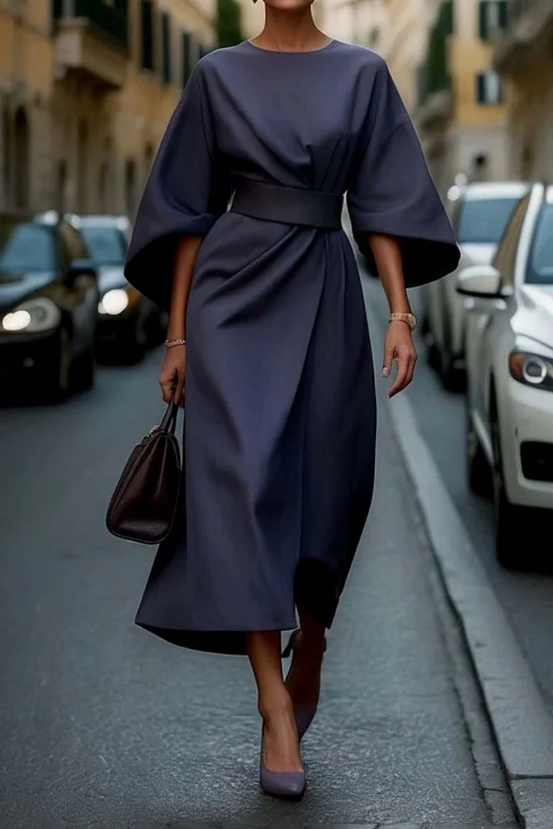 Amara | Women's Elegant Belted Kimono Sleeve Midi Dress