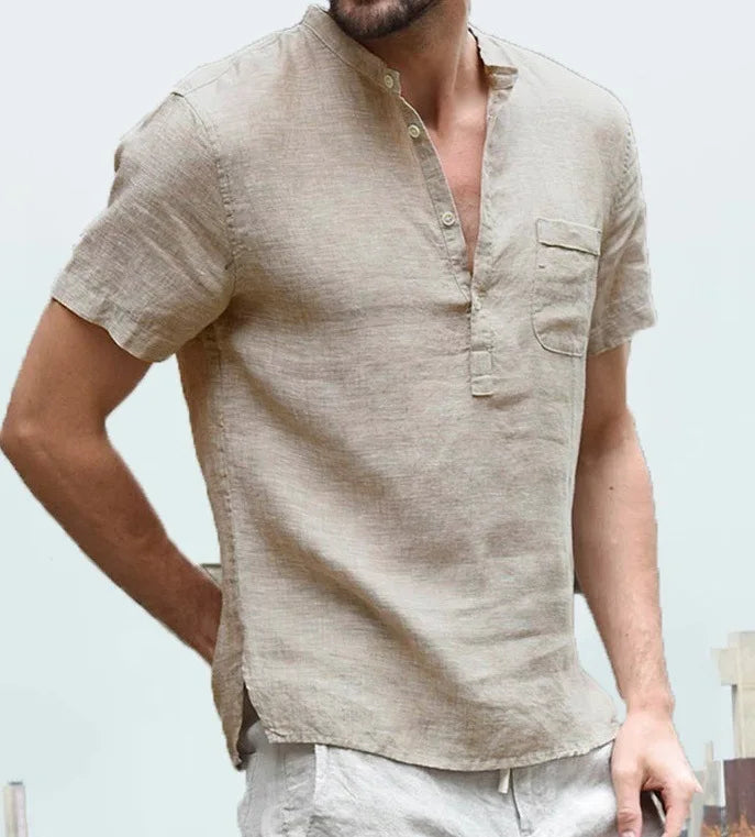 Ethan | Men's Linen Short Sleeve V-Neck Henley Top