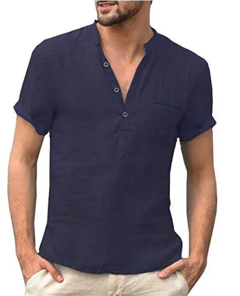 Ethan | Men's Linen Short Sleeve V-Neck Henley Top