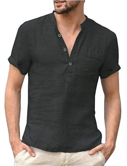 Ethan | Men's Linen Short Sleeve V-Neck Henley Top