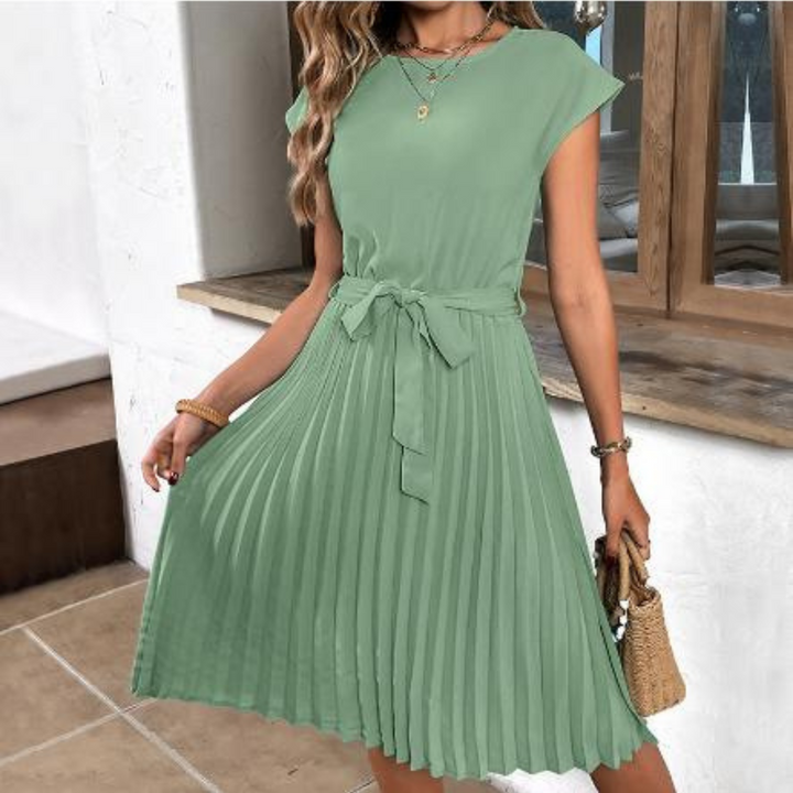 Elara | Women's Pleated A-Line Midi Dress With Belt