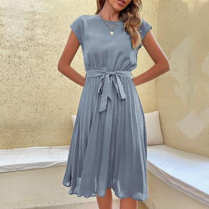 Elara | Women's Pleated A-Line Midi Dress With Belt