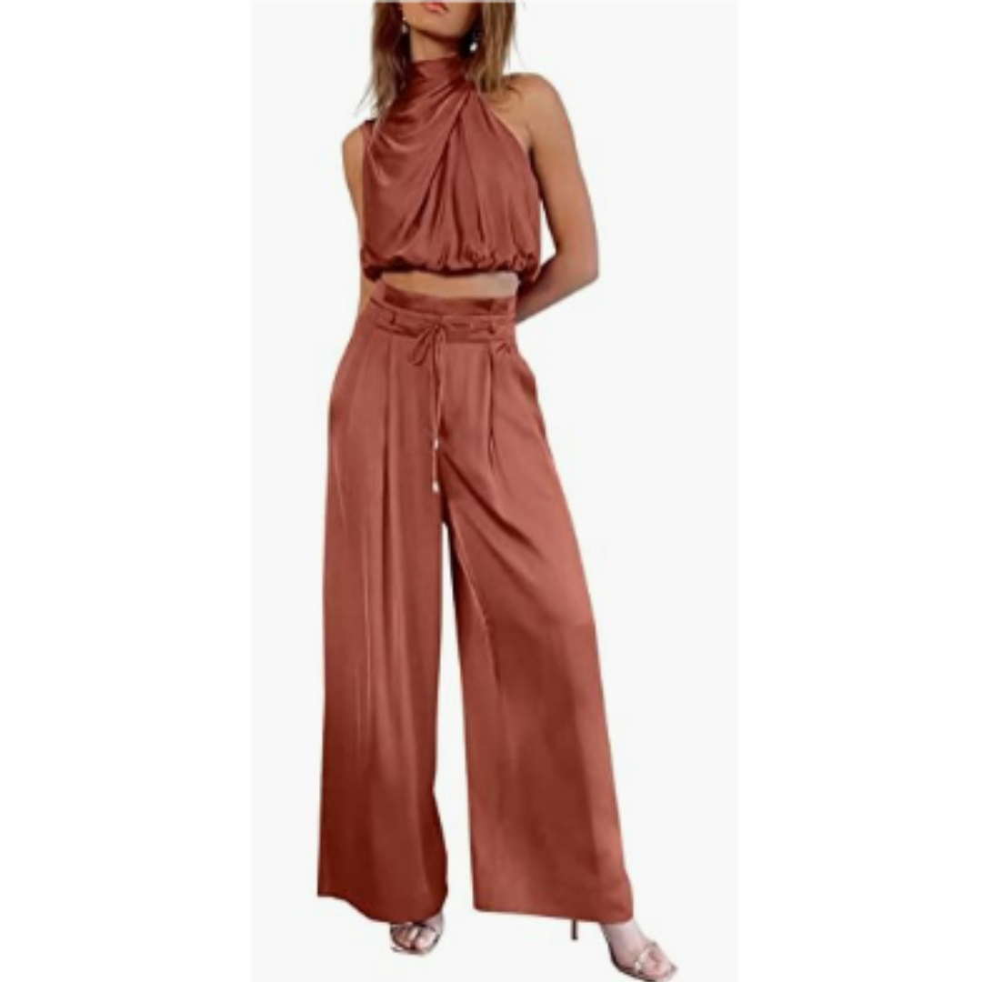 Elara | Women's Satin Twist Top And Palazzo Set