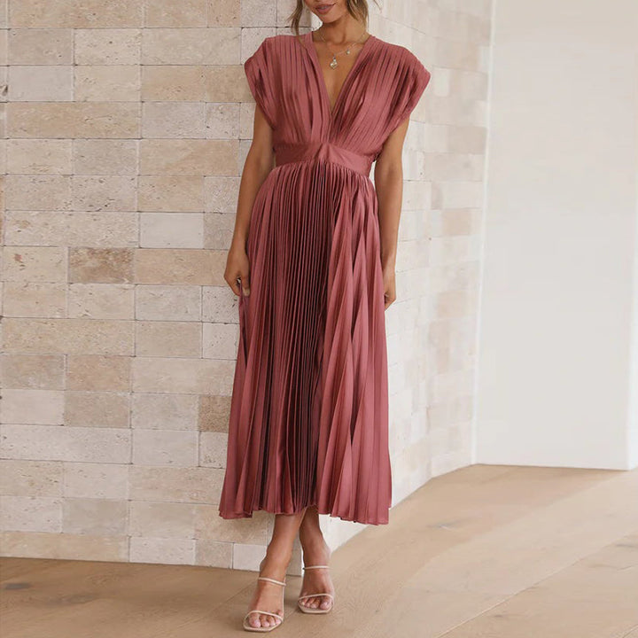 Valerie | Women's Pleated V-Neck Midi Dress