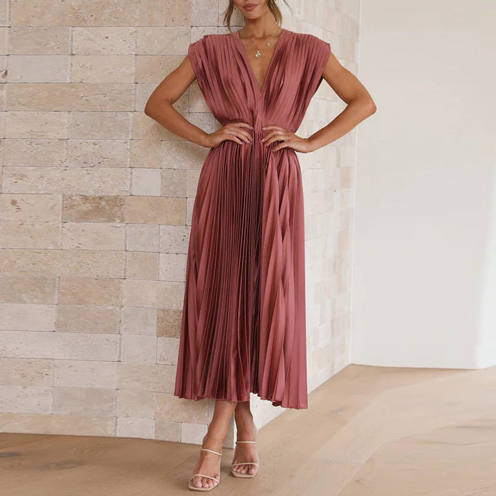 Valerie | Women's Pleated V-Neck Midi Dress