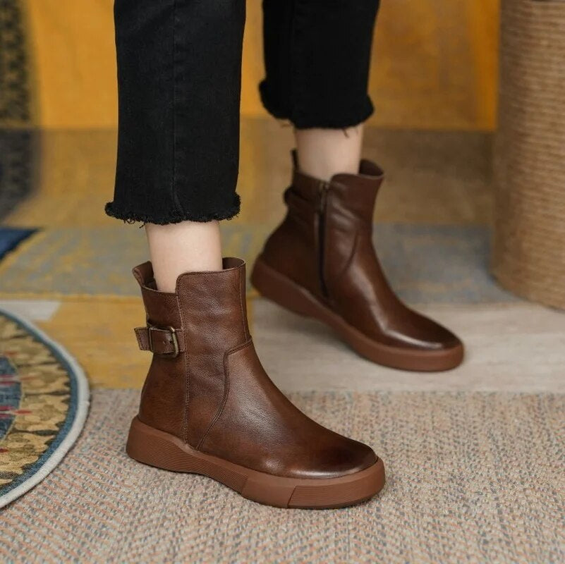 Riley | Women's Leather Platform Buckle Strap Ankle Boots