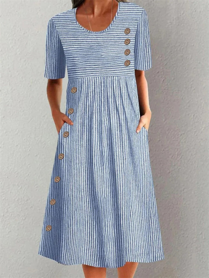 Mia | Women's Striped Button Detail A-Line Midi Dress