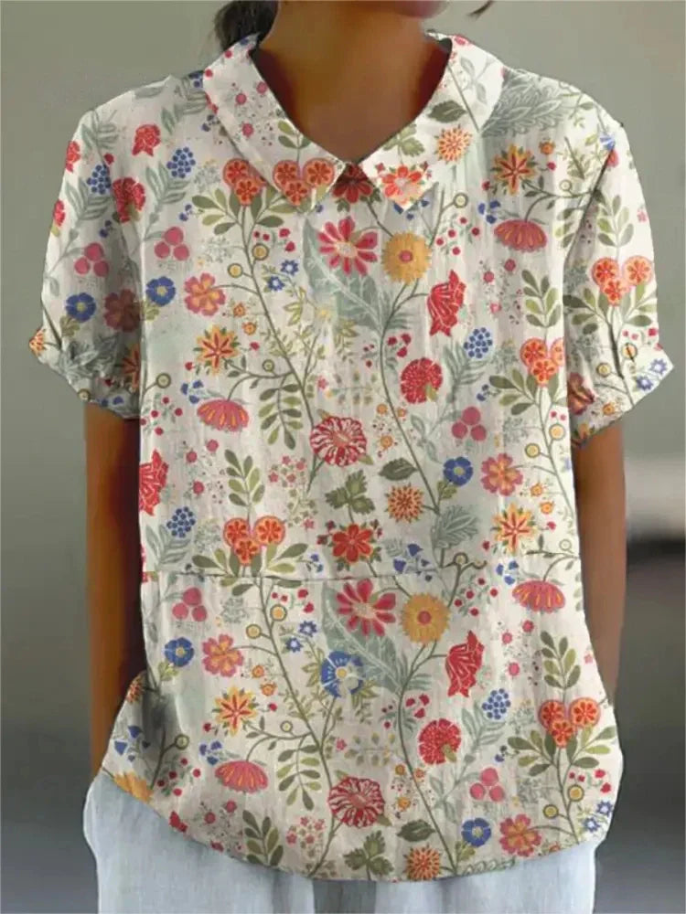 Ivy | Women's Retro Floral Linen Collared Blouse