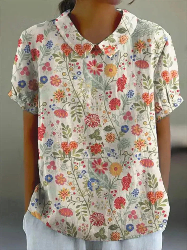 Ivy | Women's Retro Floral Linen Collared Blouse
