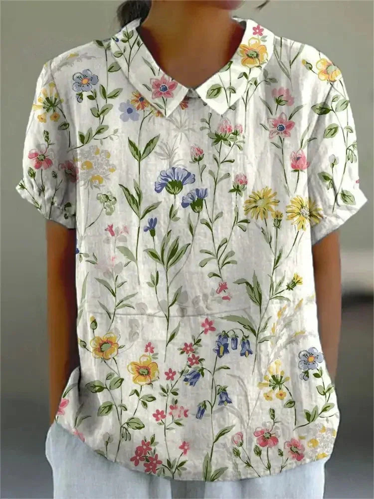 Ivy | Women's Retro Floral Linen Collared Blouse
