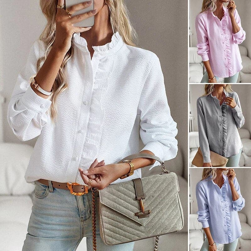 Elena | Women's Striped Ruffle Trim Blouse Top