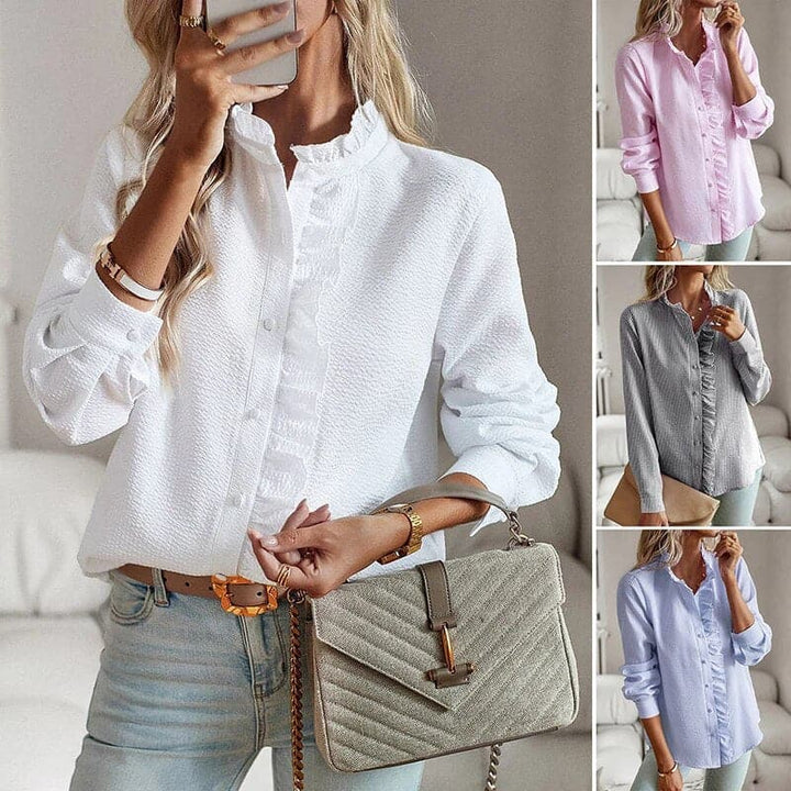 Elena | Women's Striped Ruffle Trim Blouse Top